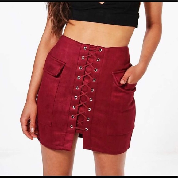 Boohoo Dresses & Skirts - BooBhoo Suedette Lace Cranberry Skirt SZ 4